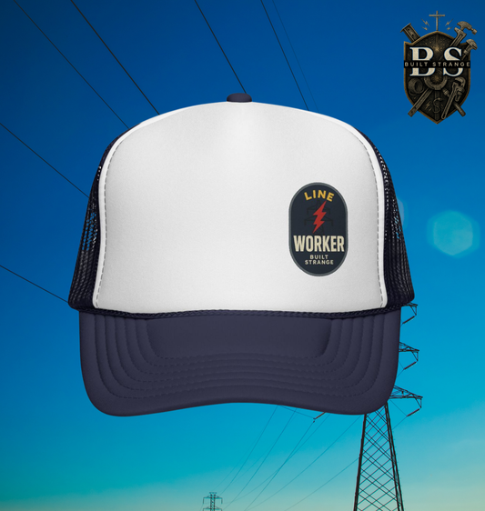 Built Strange Line Worker Red Bolt Trucker Hat