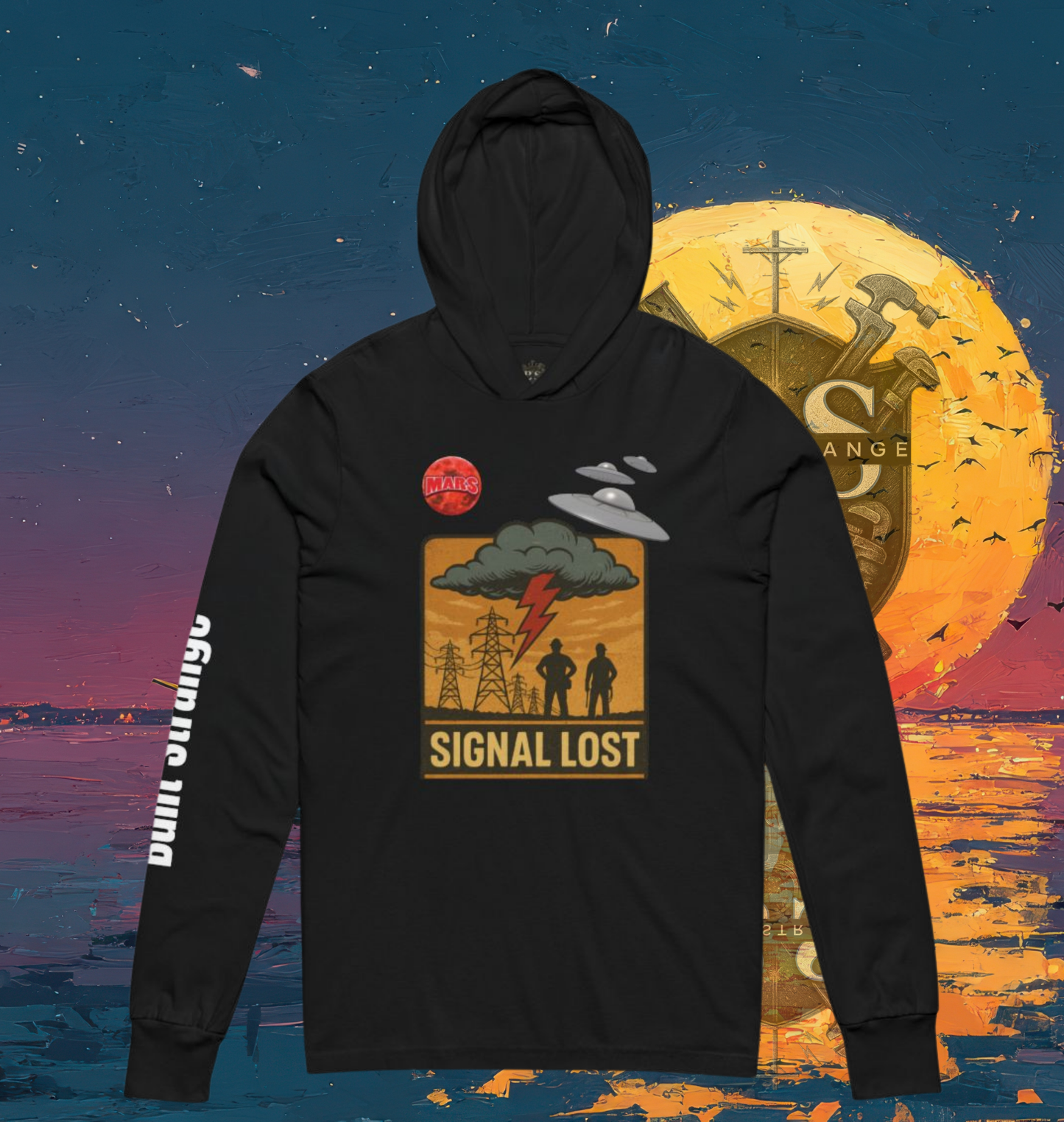 Built Strange Alien Signal Lost Blackout Hoodie – White Text + Sleeve Print