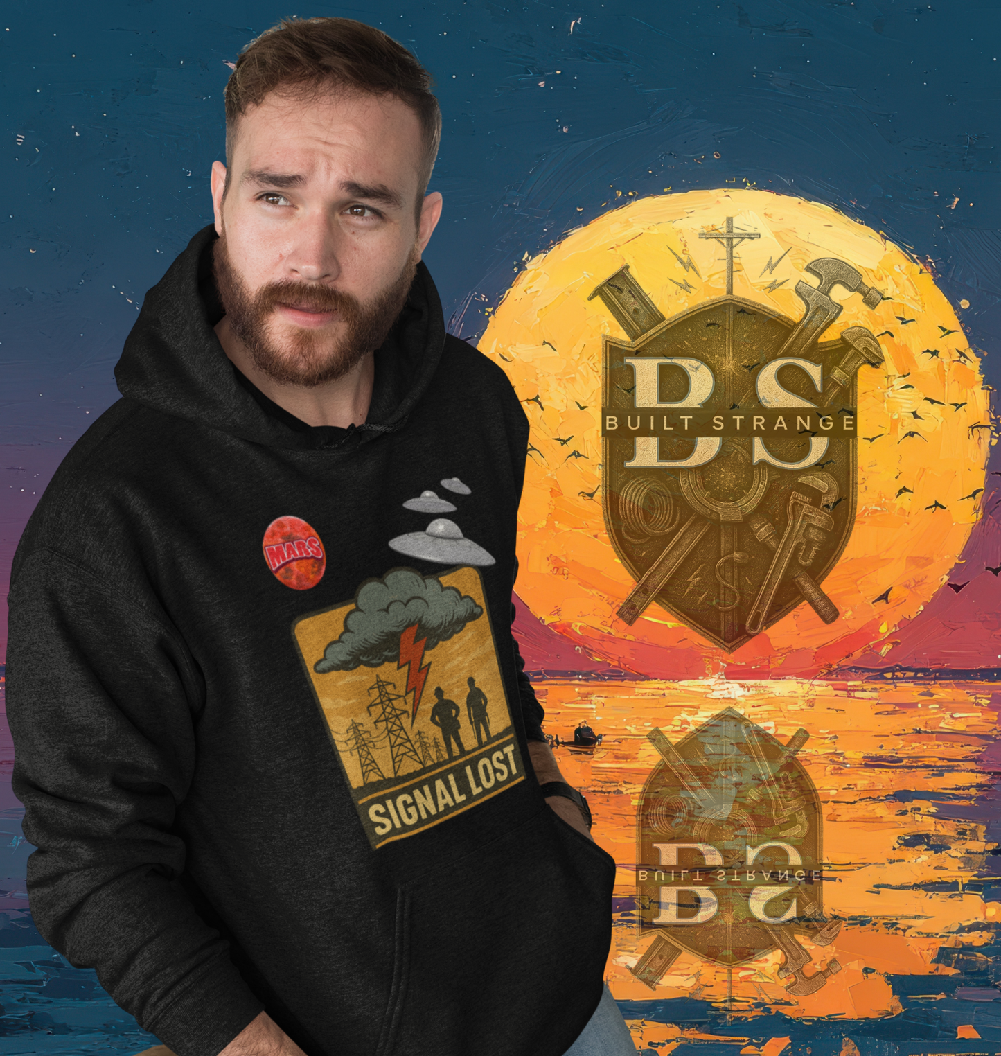 Built Strange Alien Signal Lost Blackout Hoodie – White Text + Sleeve Print