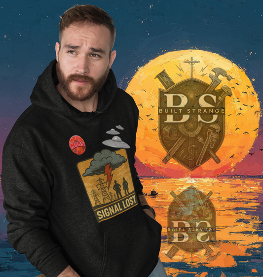 Built Strange Alien Signal Lost Blackout Hoodie – White Text + Sleeve Print