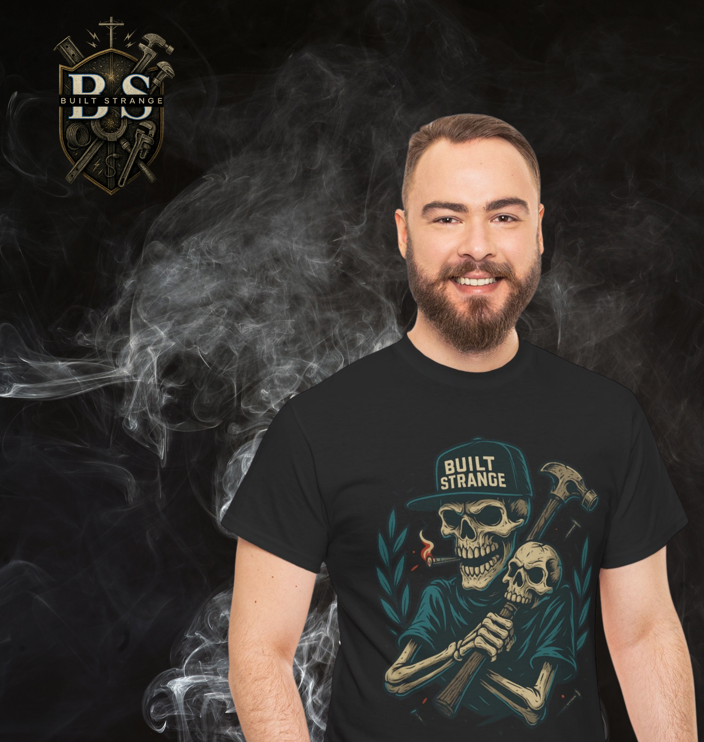 Built Strange “Nail Biter” Tee – Skull Hammer Graphic