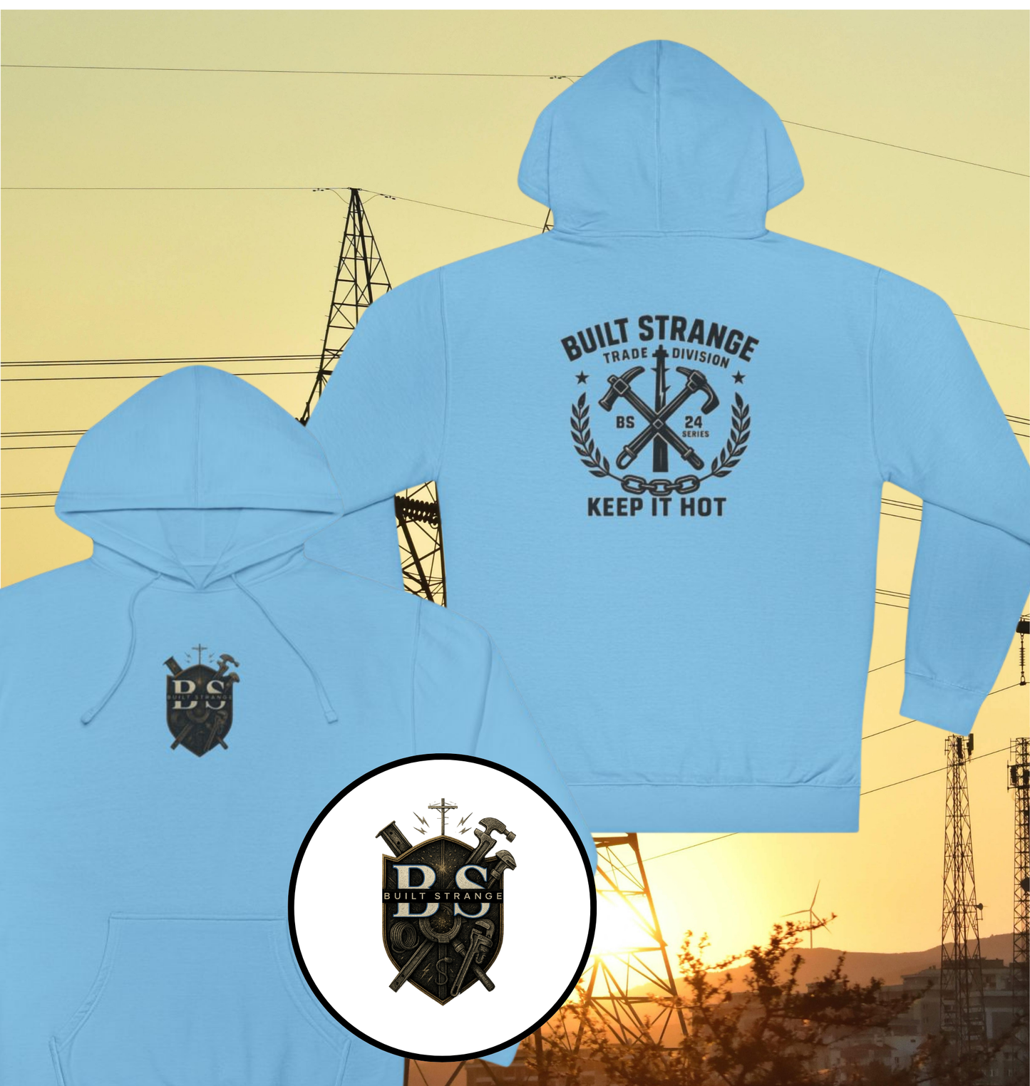 Forged in fire, built for the grind. The Keep It Hot design from Built Strange’s Trade Division 24 Series throws down hard with crossed tools, laurel wreath, chain base, and bold text that screams worksite pride.
Whether you’re on the job or off duty, this graphic hits with that heavy tradewear energy — a salute to blue-collar heat and Built Strange toughness.
• Premium cotton/poly blend
• Bold front chest graphic
• Part of the 24 Series Trade Division
• Everyday workwear meets streetwear