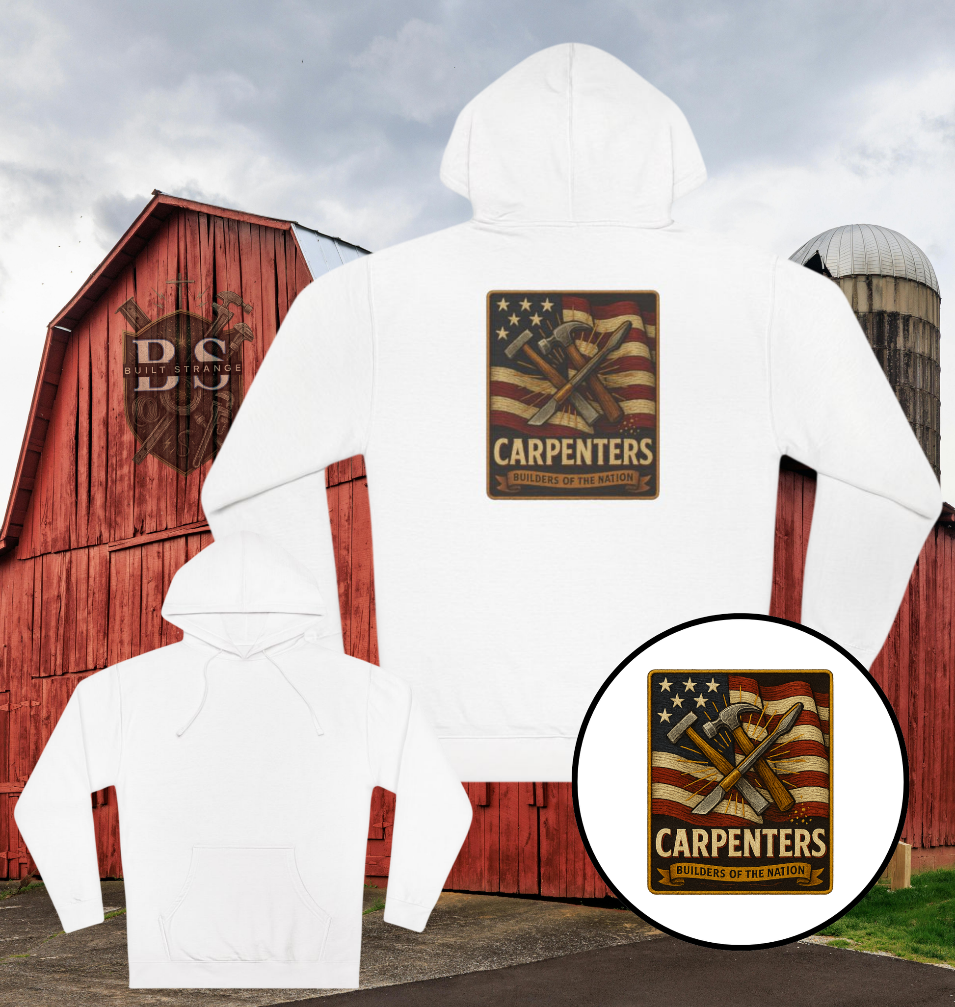 Wear your trade with pride.
This Built Strange hoodie features a bold back design with:
American Flag backdrop waving strong.
Crossed hammer + chisel — the timeless carpenter’s tools.
Banner: “Builders of the Nation,” honoring the craft that built America.
Premium fleece construction for durability and comfort.
A perfect mix of patriotism, streetwear edge, and working-class grit. Built Strange 24 Series – made for those who shape the future with their hands.