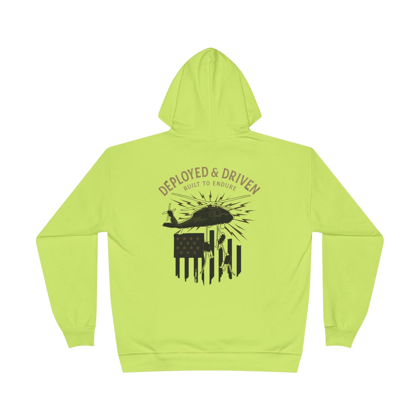 Built for endurance. The Deployed & Driven Hoodie honors those who serve and those who grind with unmatched drive. Featuring a Black Hawk helicopter drop scene over a distressed American flag, this design speaks to resilience, courage, and the Built Strange trades spirit — forged to endure.
High-visibility safety hoodie (Safety Red / Safety Orange)
Heavy-duty fleece with jobsite-grade durability
Bold military-inspired “Deployed & Driven” print
Reflective-ready design for max visibility da