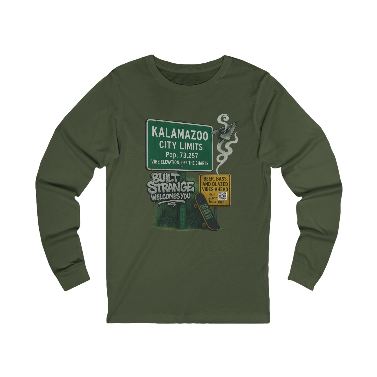 Off the charts and off the map — the Kalamazoo “Built Strange Welcomes You” long sleeve tee celebrates the wild energy of the Zoo. Paper planes, smoke trails, and a skate deck stamped Loud Trips Only bring the city’s signature chill into every thread. For beer, bass, and blazed vibes only.
Premium jersey long sleeve tee
Soft, breathable cotton with a relaxed fit
Vibrant full-color print with detailed finish
Streetwear-ready comfort for all seasons
Designed by Built Strange Apparel