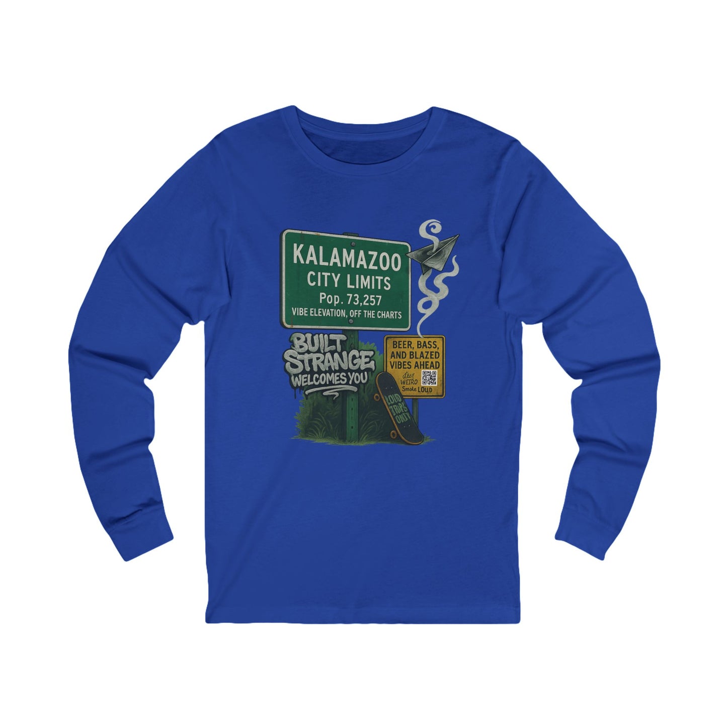 Off the charts and off the map — the Kalamazoo “Built Strange Welcomes You” long sleeve tee celebrates the wild energy of the Zoo. Paper planes, smoke trails, and a skate deck stamped Loud Trips Only bring the city’s signature chill into every thread. For beer, bass, and blazed vibes only.
Premium jersey long sleeve tee
Soft, breathable cotton with a relaxed fit
Vibrant full-color print with detailed finish
Streetwear-ready comfort for all seasons
Designed by Built Strange Apparel