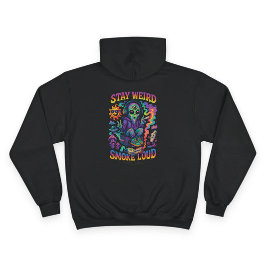 For the ones who live off beat and think beyond the clouds — the Stay Weird Smoke Loud Champion hoodie blends psychedelic energy with streetwear swagger. Featuring a vibrant third-eye alien, cosmic colors, and that unmistakable Built Strange vibe. Heavyweight comfort meets loud creativity.
Premium Champion® Powerblend fleece
Double-stitched durability with signature “C” logo sleeve patch
Vibrant, full-color graphic print
Unisex fit built for everyday wear
Designed for Built Strange Apparel