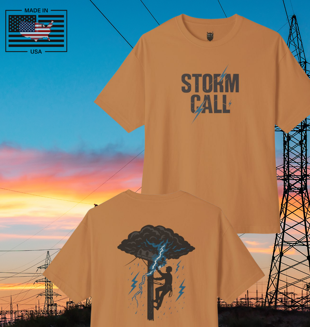 Power in the storm. This bold Built Strange tradewear design captures the grit and courage of the lineworker climbing into lightning and rain to keep the world lit.