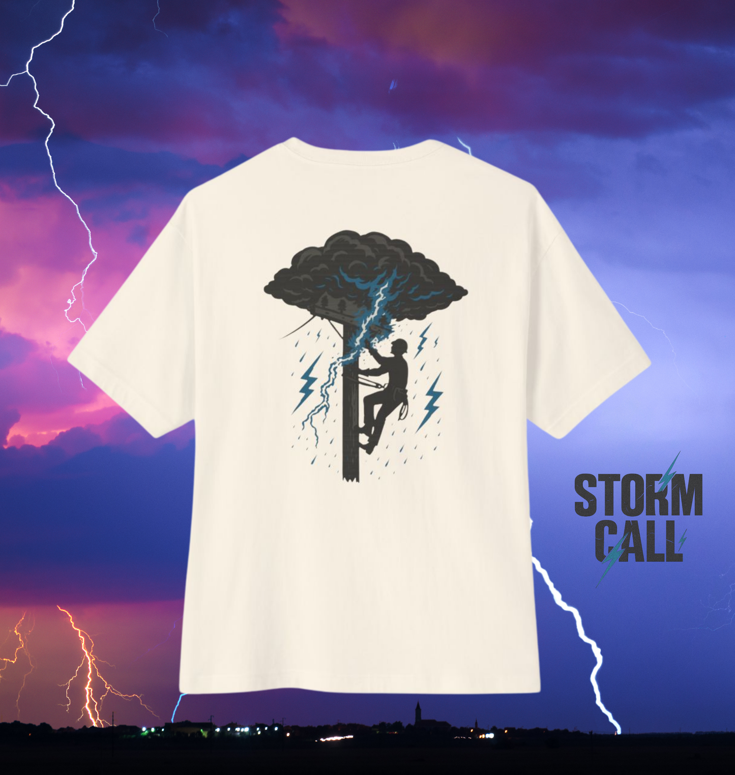 Power in the storm. This bold Built Strange tradewear design captures the grit and courage of the lineworker climbing into lightning and rain to keep the world lit.