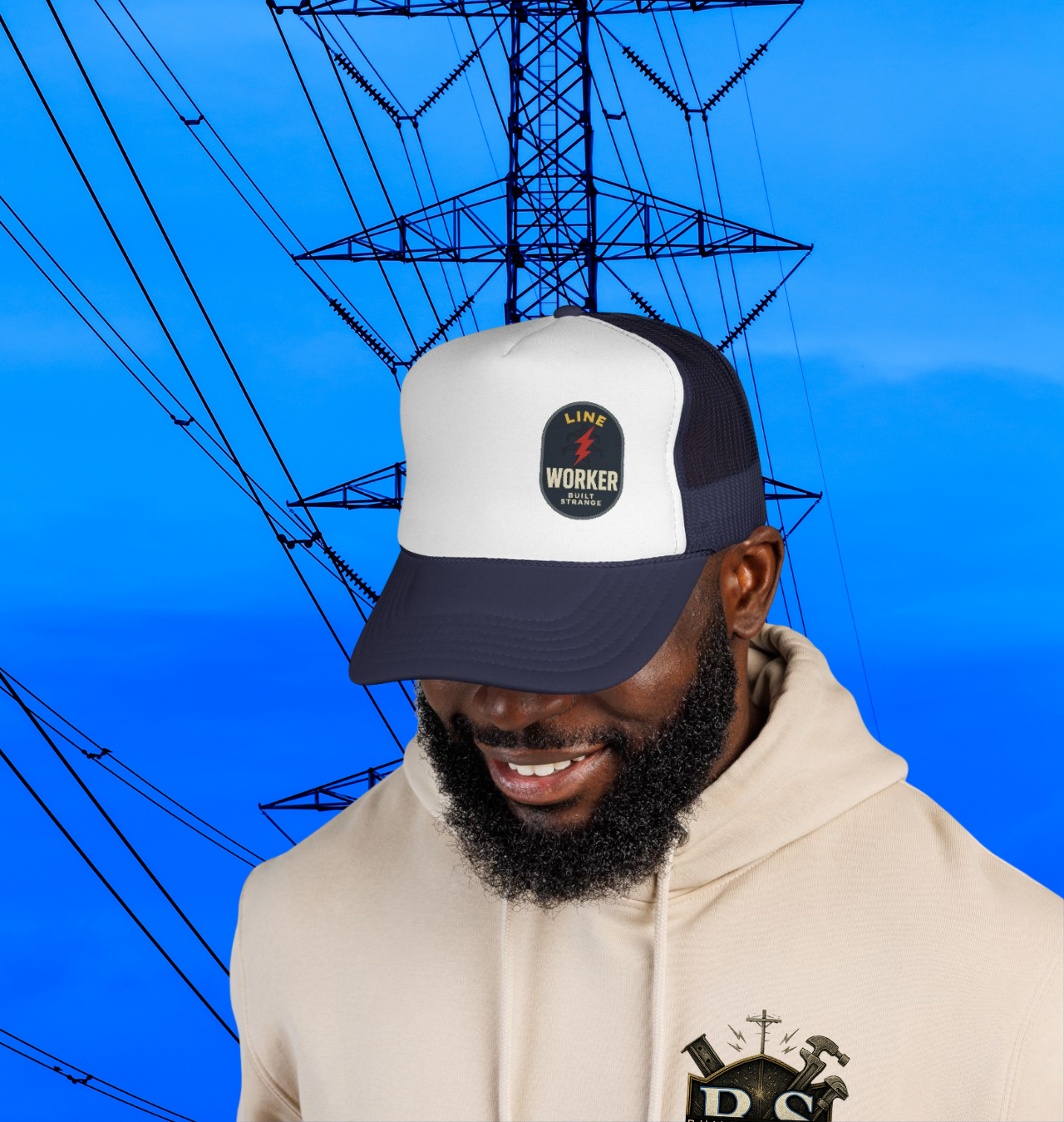 Built Strange Line Worker Red Bolt Trucker Hat