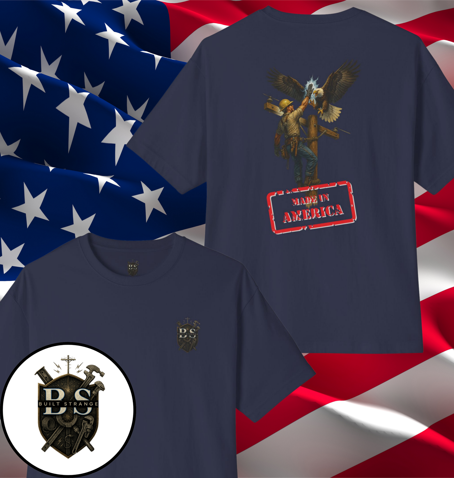 Pride. Power. Brotherhood.

The Built Strange “Made in America” Tee pays tribute to the lineworkers who keep our country running strong. Featuring a powerful design of a lineworker high-fiving a bald eagle with sparks of energy, this bold artwork symbolizes grit, courage, and patriotism. Stamped with MADE IN AMERICA across the bottom, it’s a badge of honor for every essential worker.