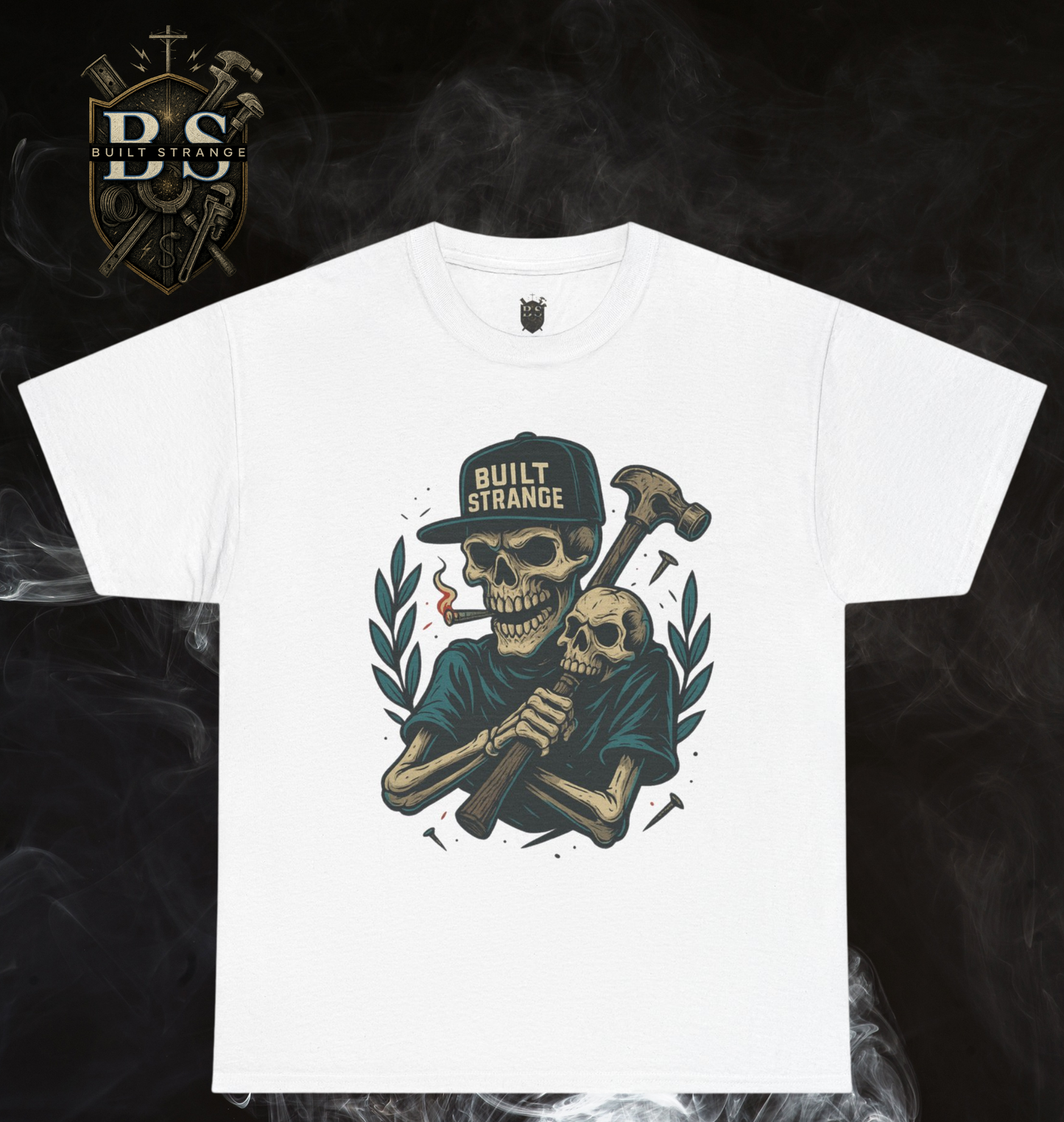 Built Strange “Nail Biter” Tee – Skull Hammer Graphic