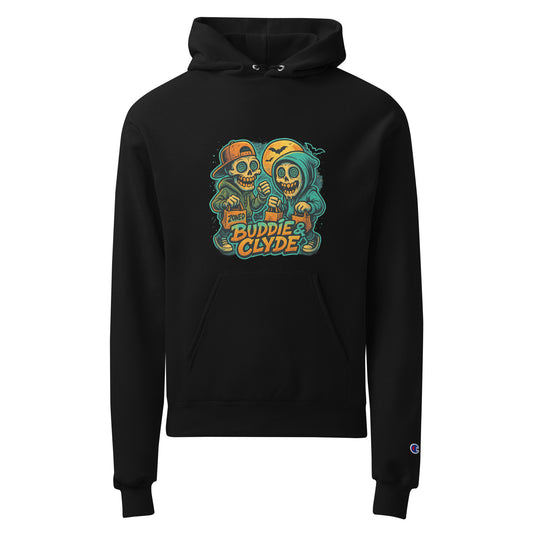 Two cartoon skeletons — one with a backwards cap, one in a hoodie — strolling under a full moon with treat bags. Their eyes are wide and glossy, with glowing spirals and dripping smiles.
One bag says “ZONED.”
Style: Clean street ink style