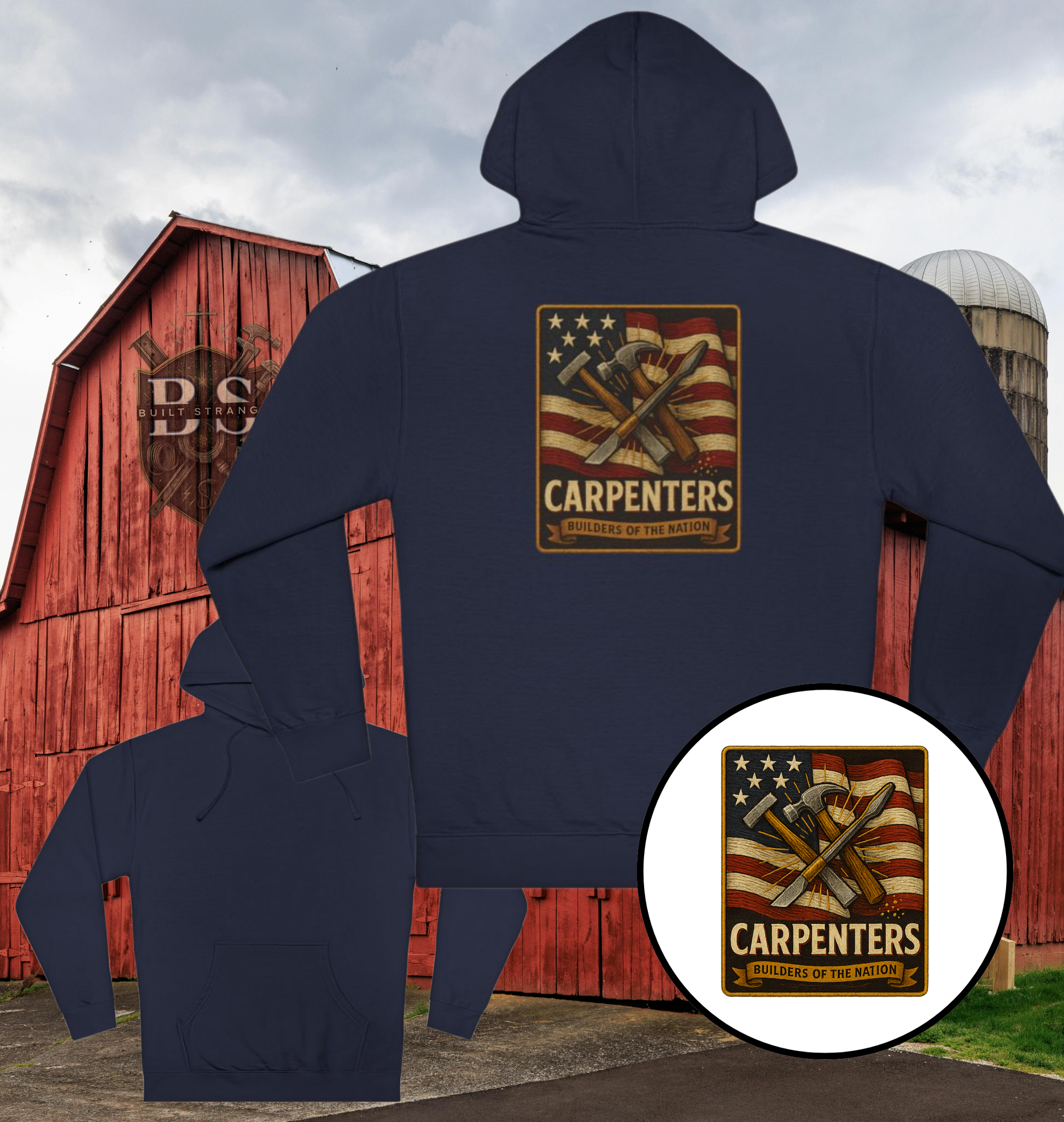 Wear your trade with pride.

This Built Strange hoodie features a bold back design with:

American Flag backdrop waving strong.

Crossed hammer + chisel — the timeless carpenter’s tools.

Banner: “Builders of the Nation,” honoring the craft that built America.

Premium fleece construction for durability and comfort.

A perfect mix of patriotism, streetwear edge, and working-class grit. Built Strange 24 Series – made for those who shape the future with their hands.