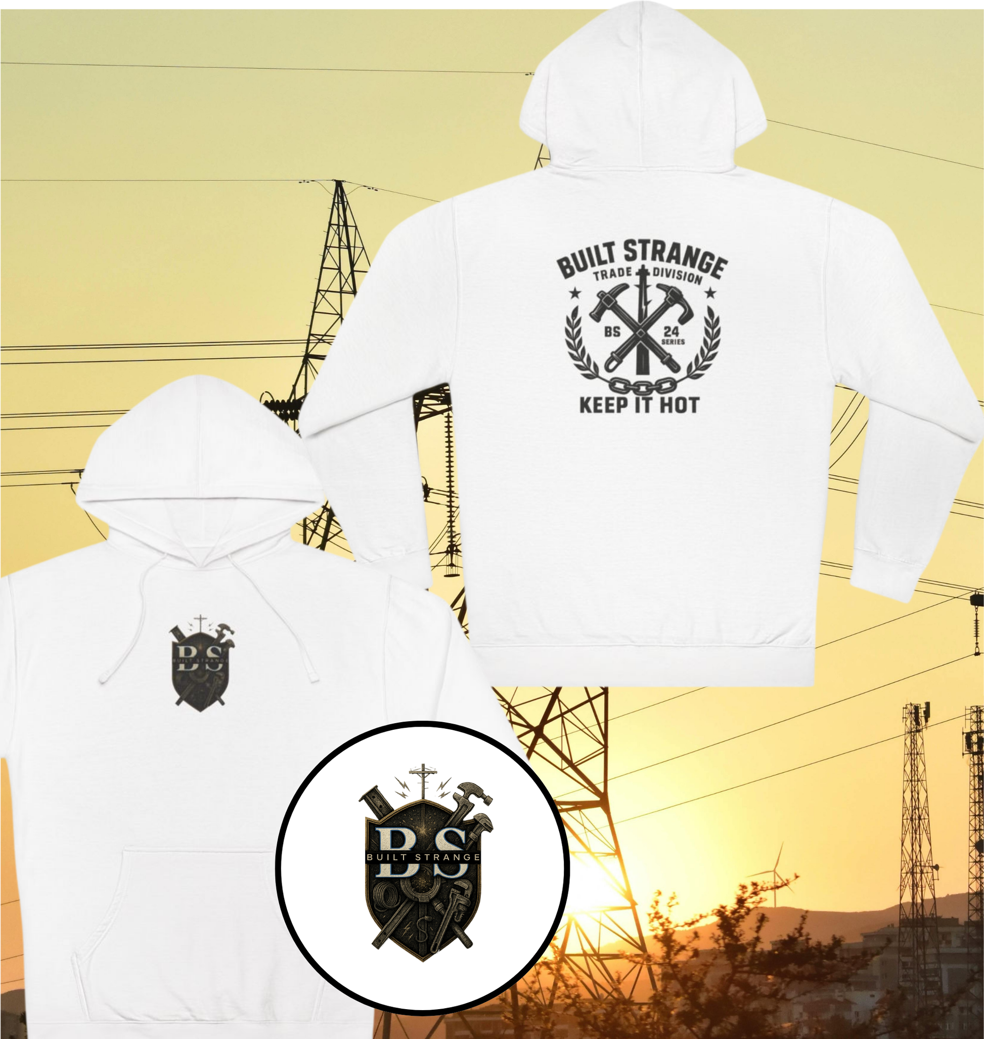 Forged in fire, built for the grind. The Keep It Hot design from Built Strange’s Trade Division 24 Series throws down hard with crossed tools, laurel wreath, chain base, and bold text that screams worksite pride.

Whether you’re on the job or off duty, this graphic hits with that heavy tradewear energy — a salute to blue-collar heat and Built Strange toughness.

• Premium cotton/poly blend
• Bold front chest graphic
• Part of the 24 Series Trade Division
• Everyday workwear meets streetwear