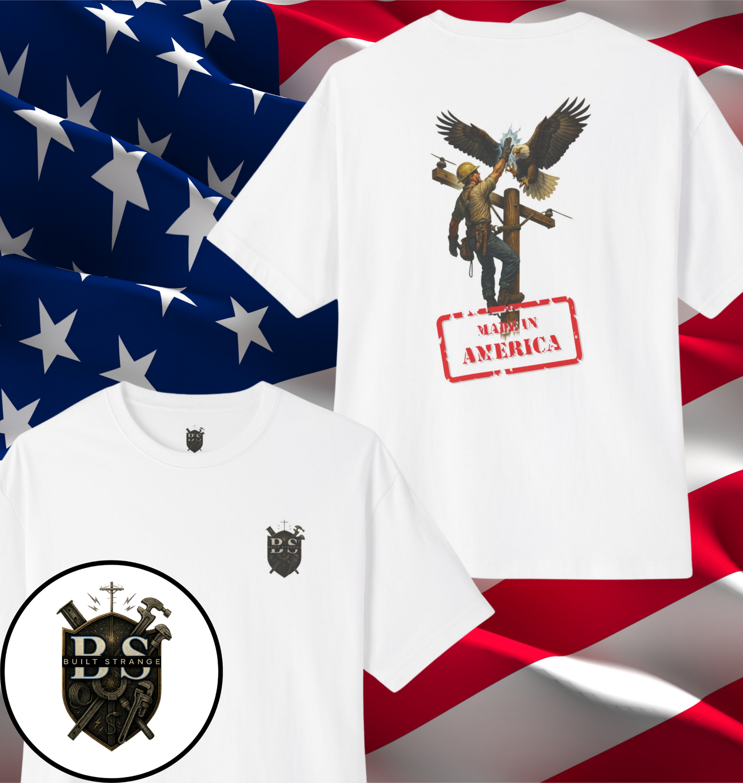 Pride. Power. Brotherhood.

The Built Strange “Made in America” Tee pays tribute to the lineworkers who keep our country running strong. Featuring a powerful design of a lineworker high-fiving a bald eagle with sparks of energy, this bold artwork symbolizes grit, courage, and patriotism. Stamped with MADE IN AMERICA across the bottom, it’s a badge of honor for every essential worker.