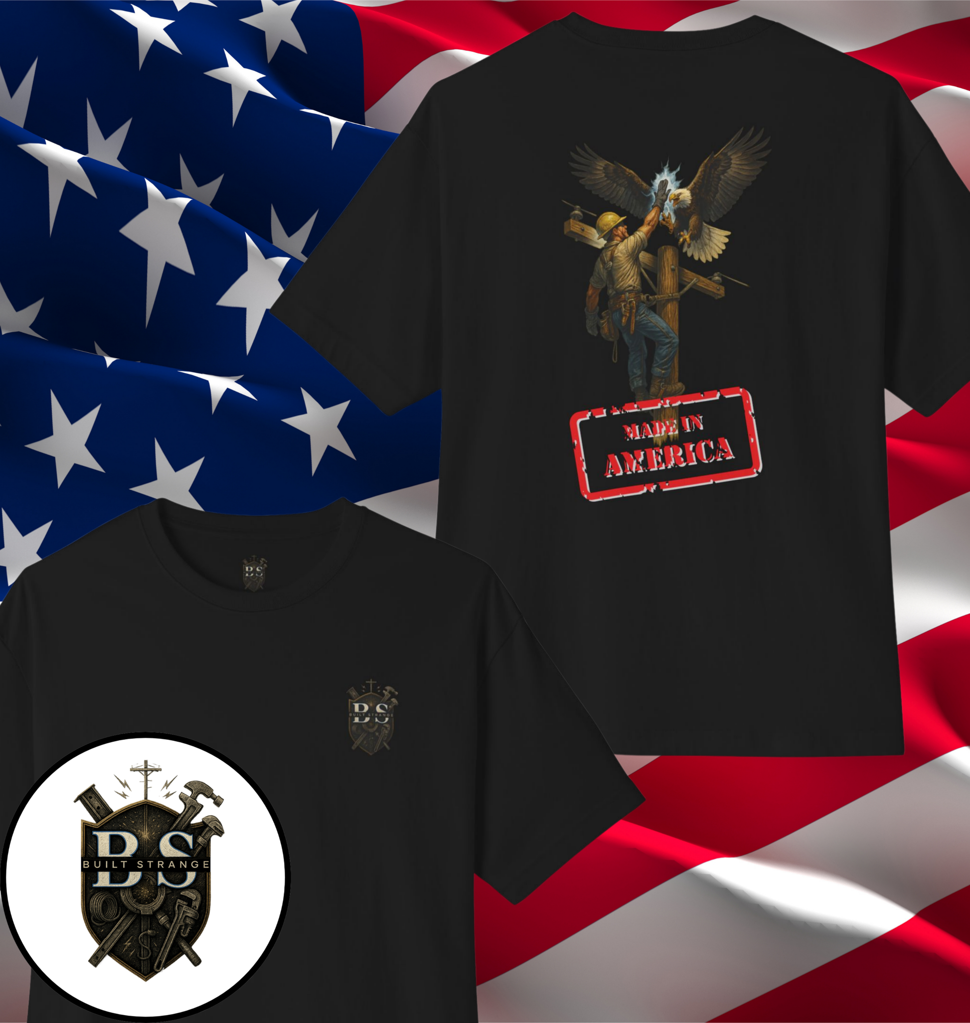 Pride. Power. Brotherhood.

The Built Strange “Made in America” Tee pays tribute to the lineworkers who keep our country running strong. Featuring a powerful design of a lineworker high-fiving a bald eagle with sparks of energy, this bold artwork symbolizes grit, courage, and patriotism. Stamped with MADE IN AMERICA across the bottom, it’s a badge of honor for every essential worker.