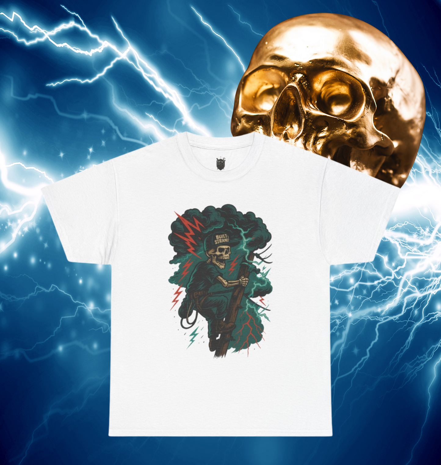 Climb into the storm. The Storm Climber graphic from Built Strange pays tribute to lineworkers who battle the elements to keep the world lit. A skeleton in full gear scales the pole under lightning-cracked skies, rocking the Built Strange cap with pride.

Perfect for tradewear, streetwear, or anyone who knows the grind doesn’t stop when the storm rolls in. Heavy ink, bold colors, and jobsite grit — this is more than a shirt, it’s a badge of honor.
