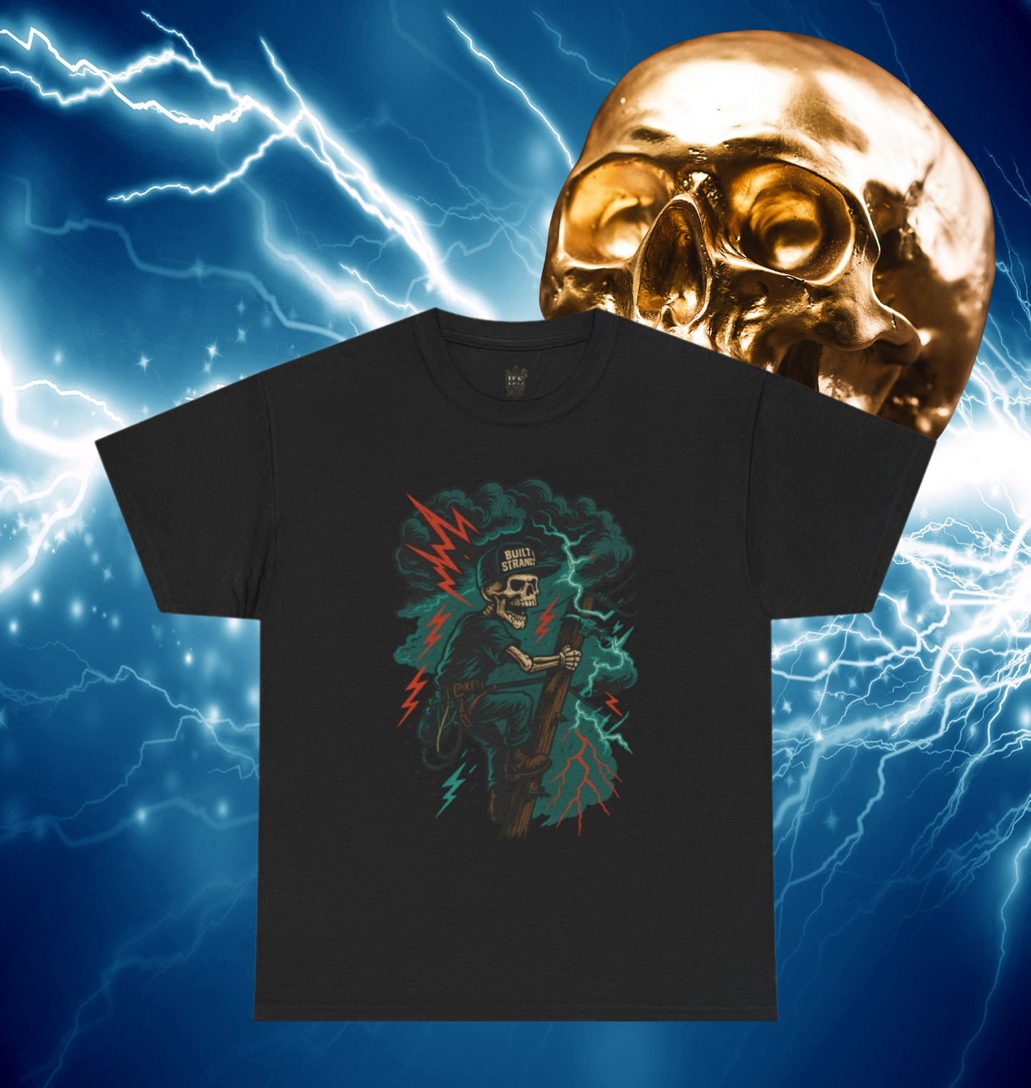 Climb into the storm. The Storm Climber graphic from Built Strange pays tribute to lineworkers who battle the elements to keep the world lit. A skeleton in full gear scales the pole under lightning-cracked skies, rocking the Built Strange cap with pride.

Perfect for tradewear, streetwear, or anyone who knows the grind doesn’t stop when the storm rolls in. Heavy ink, bold colors, and jobsite grit — this is more than a shirt, it’s a badge of honor.
