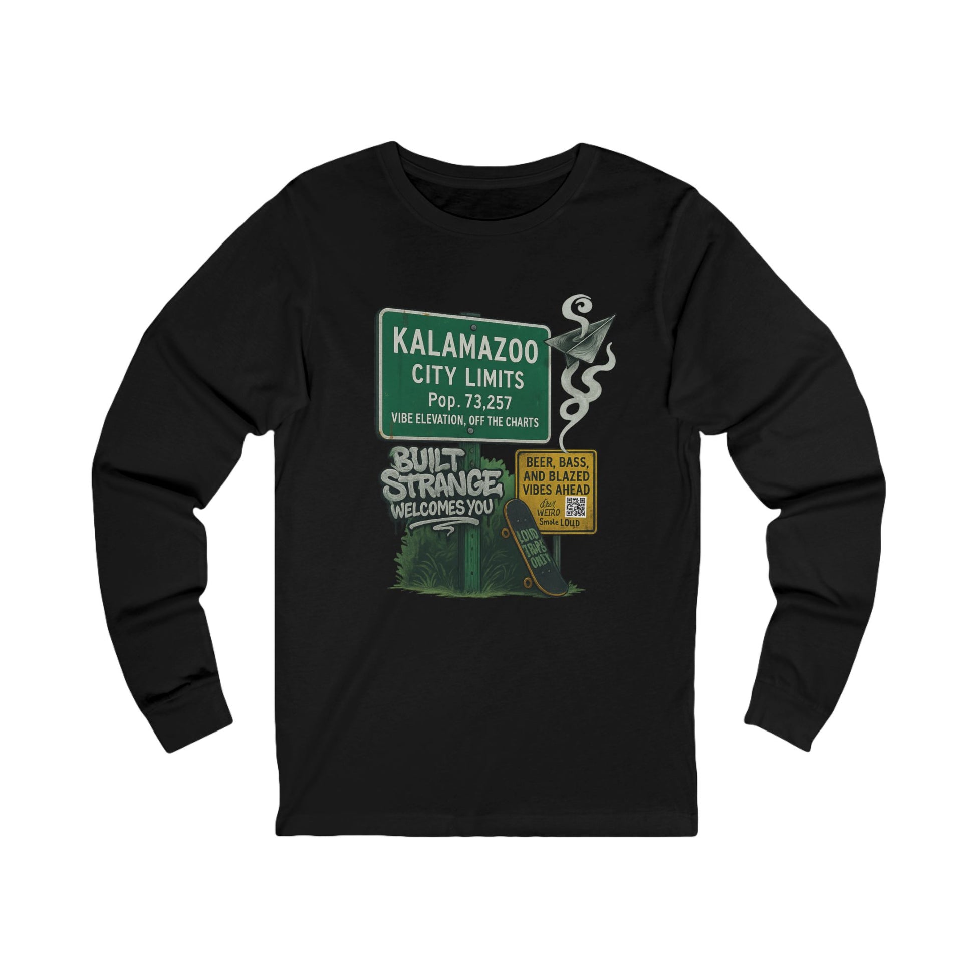 Off the charts and off the map — the Kalamazoo “Built Strange Welcomes You” long sleeve tee celebrates the wild energy of the Zoo. Paper planes, smoke trails, and a skate deck stamped Loud Trips Only bring the city’s signature chill into every thread. For beer, bass, and blazed vibes only.



Premium jersey long sleeve tee

Soft, breathable cotton with a relaxed fit

Vibrant full-color print with detailed finish

Streetwear-ready comfort for all seasons

Designed by Built Strange Apparel