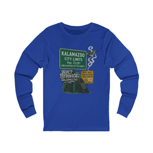 Off the charts and off the map — the Kalamazoo “Built Strange Welcomes You” long sleeve tee celebrates the wild energy of the Zoo. Paper planes, smoke trails, and a skate deck stamped Loud Trips Only bring the city’s signature chill into every thread. For beer, bass, and blazed vibes only.



Premium jersey long sleeve tee

Soft, breathable cotton with a relaxed fit

Vibrant full-color print with detailed finish

Streetwear-ready comfort for all seasons

Designed by Built Strange Apparel