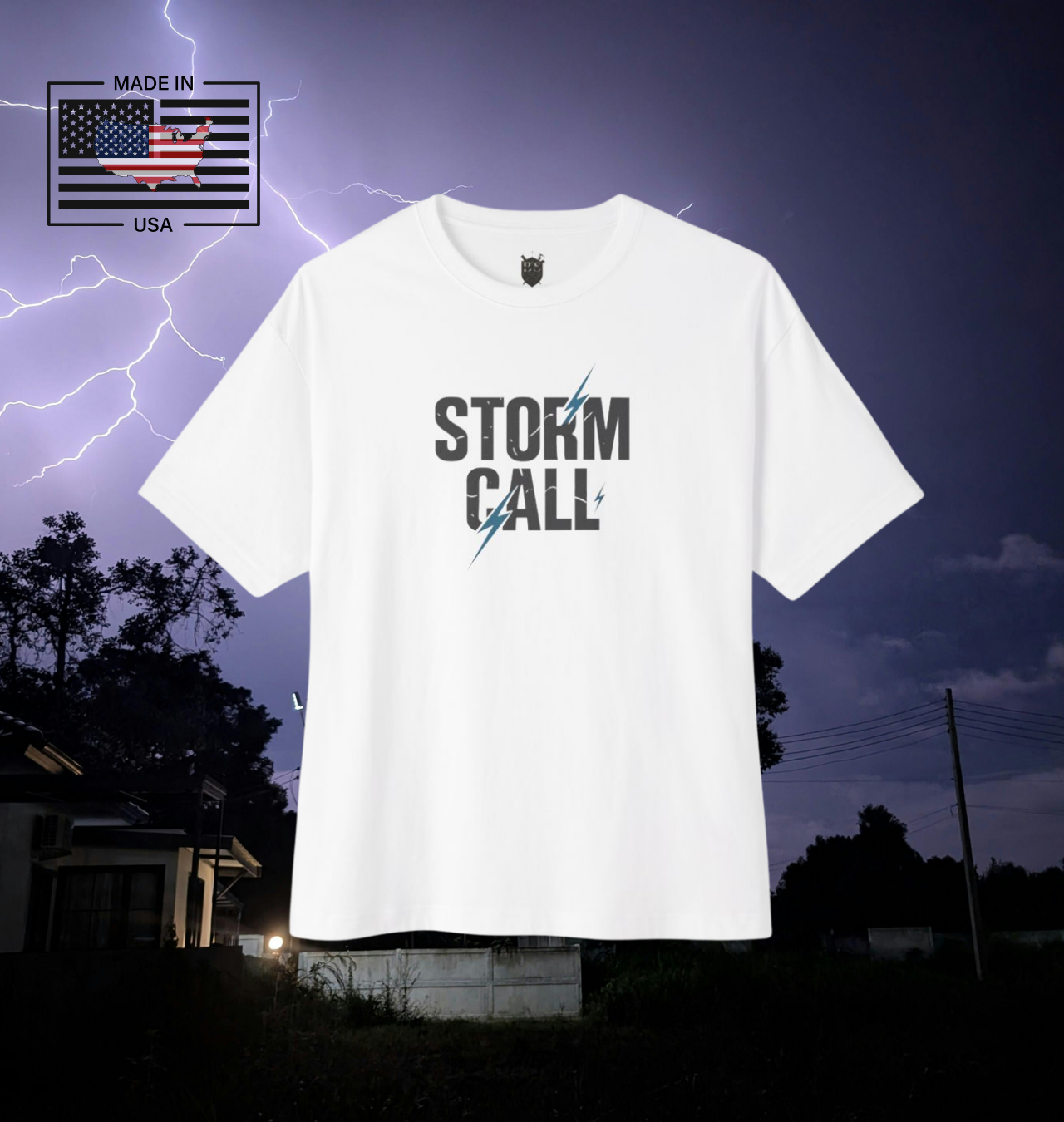 Power in the storm. This bold Built Strange tradewear design captures the grit and courage of the lineworker climbing into lightning and rain to keep the world lit.
