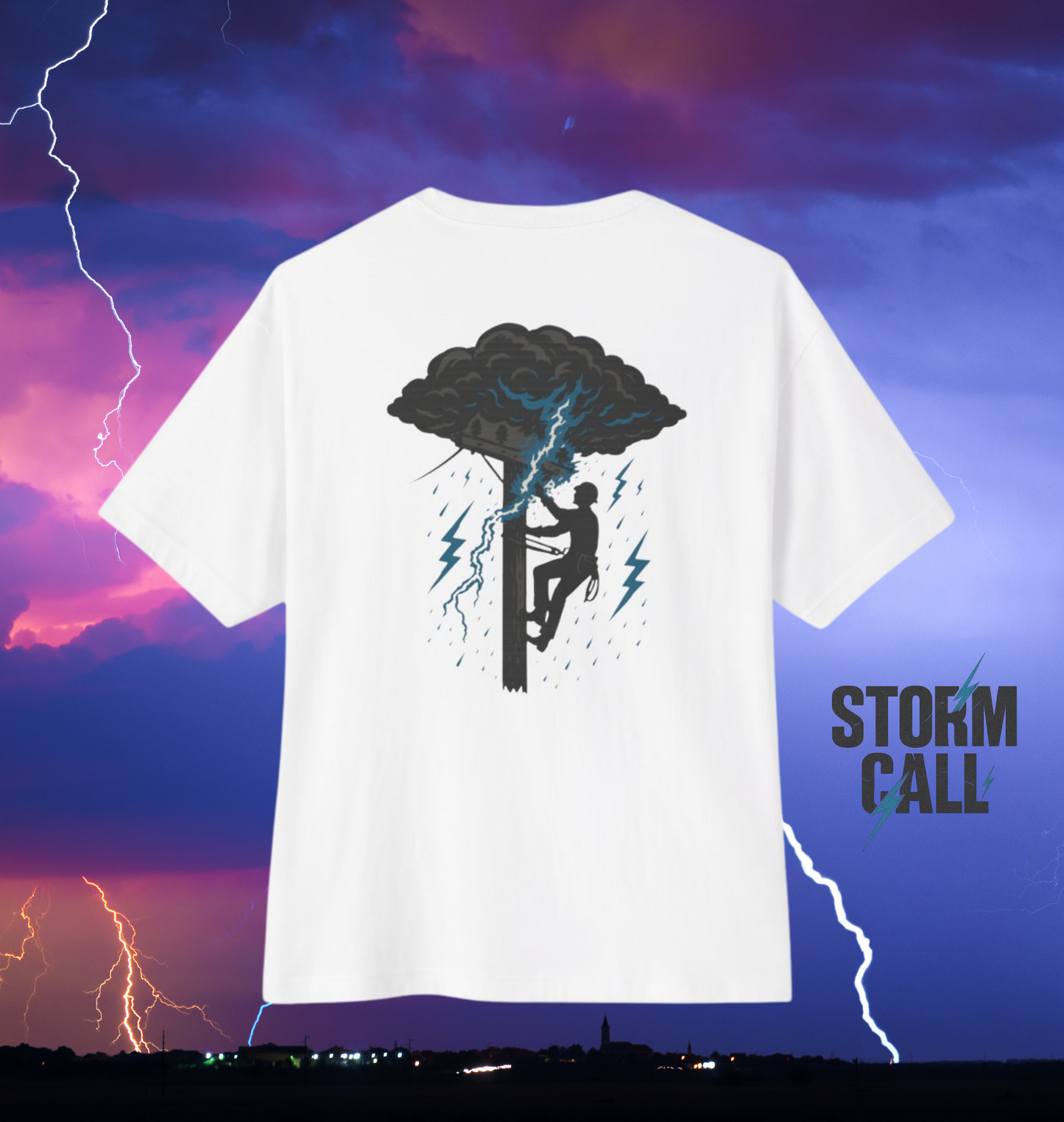 Power in the storm. This bold Built Strange tradewear design captures the grit and courage of the lineworker climbing into lightning and rain to keep the world lit.