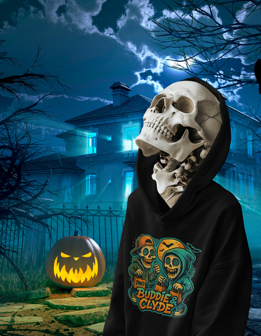 Two cartoon skeletons — one with a backwards cap, one in a hoodie — strolling under a full moon with treat bags. Their eyes are wide and glossy, with glowing spirals and dripping smiles.
One bag says “ZONED.”
Style: Clean street ink style